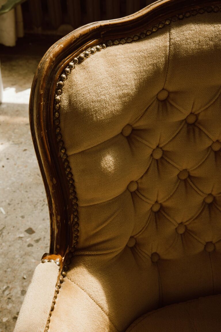 Close-up of a vintage upholstered armchair in warm sunlight with detailed woodwork.